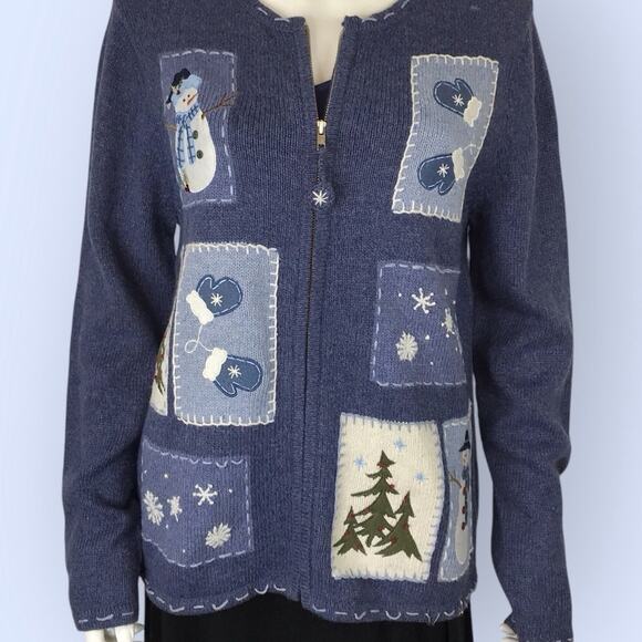 Croft & Barrow Blue Christmas Cardigan Holiday Full Zip Sweater Snowman - Picture 8 of 11